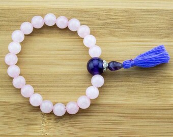 Rose Quartz Mala Bracelet with Amethyst and Purple Tassel | 8mm | Yoga Jewelry | Buddhist Bracelet | Free Shipping