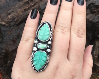 Triple Stone Carved Turquoise Leaf Handmade Sterling Silver Ring. Boho Jewelry. Size 7
