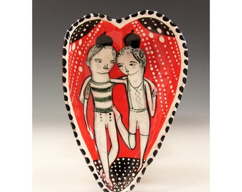 BFF - Valentines Bowl - Original One of a Kind Painting by Jenny Mendes in a Ceramic Pinched Heart Bowl