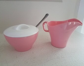 Vintage Pink & White Boontonware Melmac Sugar and Creamer Set
