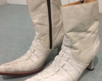 White Fake Crocodile Heeled Boots