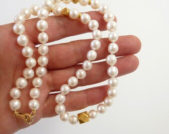 White Pearl necklace, pearl gold necklace, 18K Gold pearl strand necklace - Fine Jewelry
