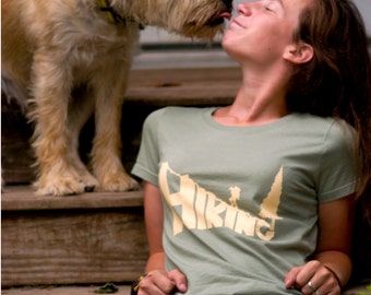 HIKING Hand-Crafted Screen-Printed 100% Cotton Women's T-Shirt in Sage Green & Cream