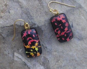 Hand Etched Dichroic Earrings Fused Dichroic Glass Red Earrings