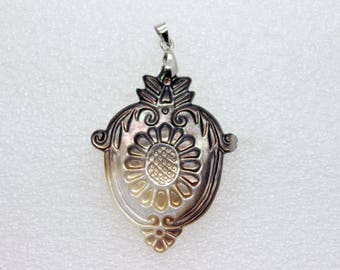 Natural Black Lip Shell Pendant - Hand Carved Sunflower on a OWL's Back