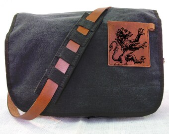 black canvas messenger bag with leather accents - lion bag
