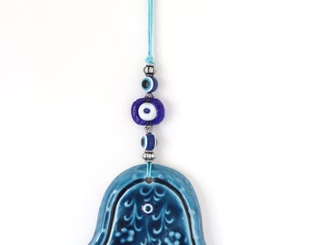 Turquoise Ceramic Hamsa Hand Amulet Wall Hanging with Evil Eye, Blessing and Protection for your home, Hand Made Ceramic Wall Ornament