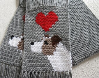 Jack Russell Terrier Scarf. Grey knit and crochet scarf with Parsons Terriers. Knitted dog scarf. Jack Russell gifts