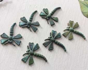 Verdigris dragonfly flourishes 6 pc