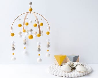 Mustard Crib Mobile. White Grey Baby Mobile. Baby Nursery Mobile. Nursery Cot Mobile. Gender Neutral Felt Ball Mobile. Mustard Yellow Mobile