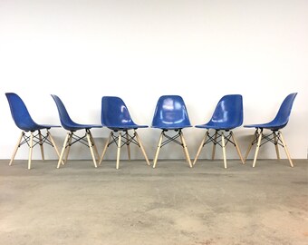 Herman Miller | Set (6) Eames Royal Blue Shell Chairs | Mid Century dining