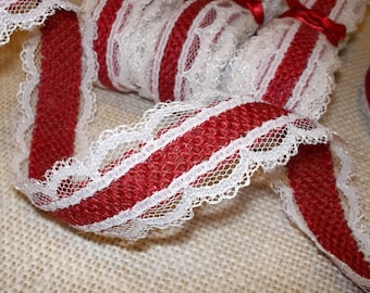 LAST CHANCE!! Red and Ivory Burlap Lace Ribbon - 1 inch x 3 yards