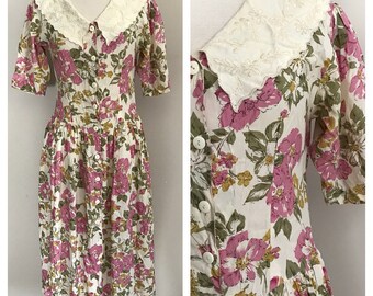 80s Rayon Floral Dress with Embroidered Collar