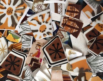 100 Mosaic Tiles Mix Broken Plate Art Hand Cut Pieces Supply Vintage Retro Brown 100