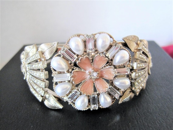 Pearl Clamper Bracelet, Enamel Rhinestone Highlights, Vintage Clamper Cuff, 60's Wedding Bangle