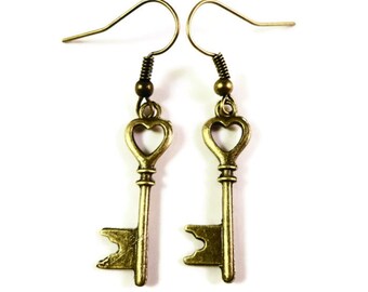 Bronze Key Earrings, Heart Earrings, Antique Brass Metal Charm Earrings, Dangle Earrings, Drop Earrings, Valentine's Day Jewelry, Gift Idea