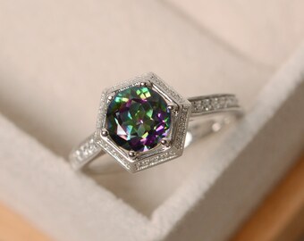 Mystic topaz ring, engagement ring, with band, colorful ring, sterling silver