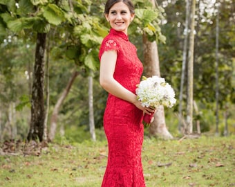 Mermaid Wedding Dress Lace with Train,Red Lace Cheongsam Gown,Lace Chinese Dress,Bridal Wedding Party Dress,Bridal Prom Dress, Red Qipao