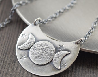 Triple moon goddess necklace triple goddess necklace crescent moon necklace goth jewelry priestess necklace silver necklace