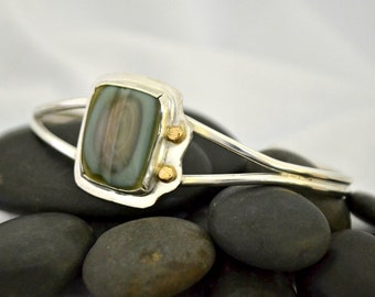 sterling silver cuff bracelet. Imperial jasper bracelet. 14K gold accents