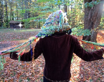 hand knit hat wool art yarn earthy fantasy hood - last of the garden mother nature dream bonnet