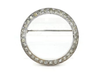 Vintage, Rhinestone, Circle Brooch, Silver Tone