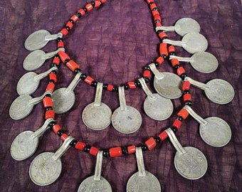 Berber Necklace with Spanish Coins and Coral - Onyx Beads