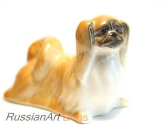 Pekingese, Pekinese dog porcelain figurine handmade statuette