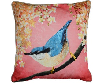 Cushion cover for throw pillow with bird - Nuthatch - 16x16inch // 40x40cm