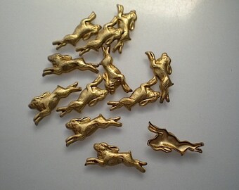 12 small brass running rabbit charms