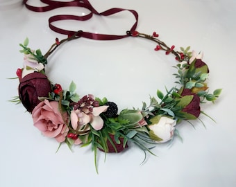 Dusty rose Blush Burgundy flower crown,Floral headband,Bridal hair wreath,Wedding flower halo,Flower girl crown,Peonies crown