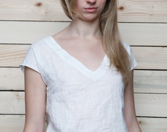 Linen White Top/Linen Blouse/ Linen Top V-neck/Linen Cami/Blouse Kimono Sleeveless