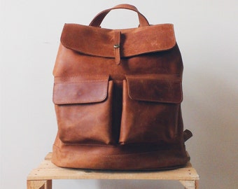 HandMade LEATHER BACKPACK / Citi Backpack / Handcrafted leather Rucksack with two front pockets / Cognac brown leather bag