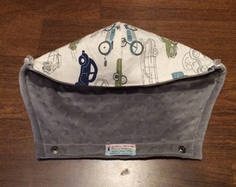 Tula Hoodie Hood in Vintage cars (Slow Ride) & Grey Minky