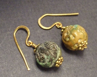 Vintage carved turquoise earrings with gold. 14mm beads, 1 inch earrings
