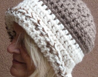 Chunky yarn makes this chocolate brown and white winter hat unique, women's winter hat is original, versatile style handcrafted crochet hat