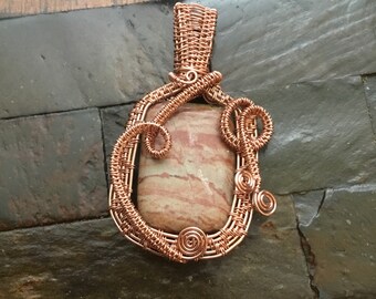 Jasper wire weave oxidized copper pendant