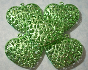 5 Large Green Filigree Hearts Puffed Heart Pendants