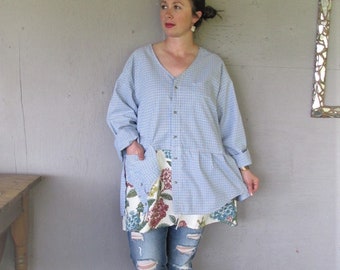upcycled clothing recycled tunic cotton linen dress smock shirt spring jacket 2 X 3 X Wearable Art sustainable Bohemian LillieNoraDryGoods