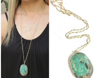 Long Necklace Green Ocean Jasper, Statement Necklace, Long Pendant Necklace, Long Layering Necklace, Thin Gold Necklace Long Stone Necklace