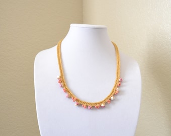 Beige and rose crochet statement necklace