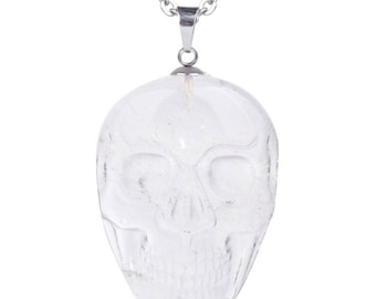 34-36mm White clear quartz carved skull pendant focal bead (pendant only)