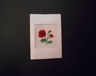 Embroidered card handmade on canvas - poppy