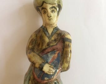 Antique Persian primitive Pottery Painted Musician Statue