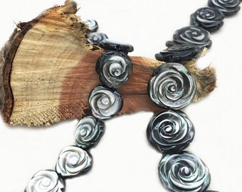 Black Mother of Pearl FLower Beads 2 sided - hole side drilled