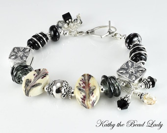 Lampwork Bracelet - Lampwork Black Bali Silver Bead Bracelet - KTBL