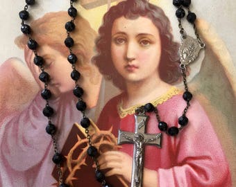 Pretty Vintage Rosary with Faceted Black Glass Beads and Sacred Heart Medal
