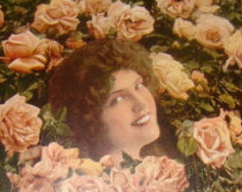 SALE Vintage Floral Postcard (Pretty Lady and Roses) #1