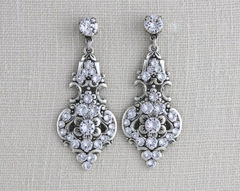 Long Rose Gold earrings Crystal Bridal earrings Bridal