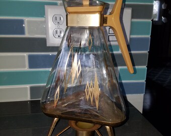 Vintage mid century Inland Glass triangular coffee carafe with warming stand gold triangle diamonds atomic design MCM retro candle
